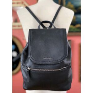 Vince Camuto Black 100% Leather Backpack Drawstring Flap Silver Hardware
